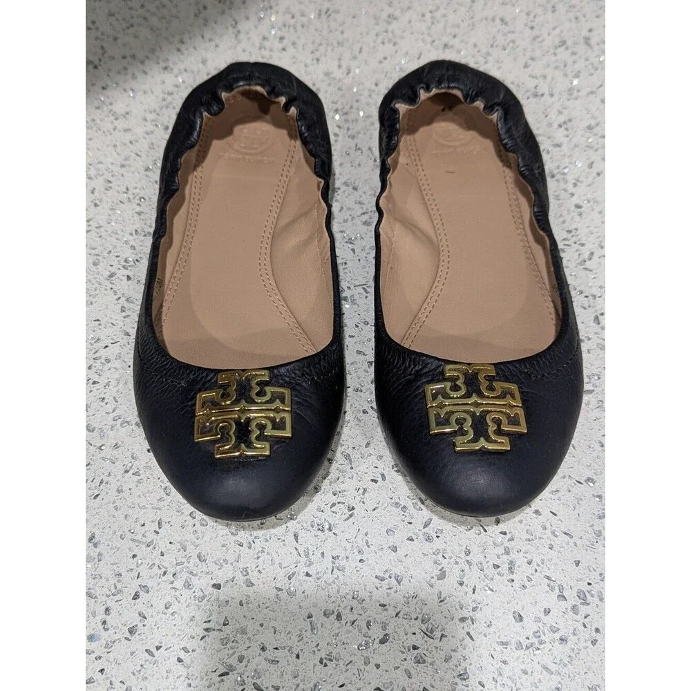 Tory Burch Melinda Ballet Flat Dark Navy Blue Gold Medallion Ladies Women 7.5